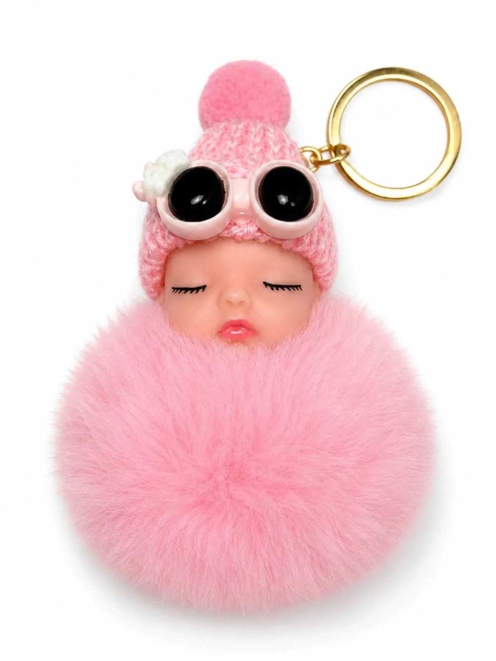 Sleeping Baby Faux Fur Pom Pom Keychain Purse Charm | 9 Colors